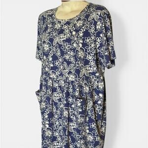 Appleseed's Plus Size Blue Floral Dress Short Sleeve Cottage Cotton Pockets 3X